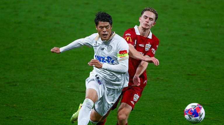 Hiroki Sakai of Auckland competes with Ethan Alagich of Adelaide United during the Leg 2 of the A-League Men Elimination Final series between Adelaide United and Auckland FC at Coopers Stadium, on May 15, 2026, in Adelaide, Australia.
