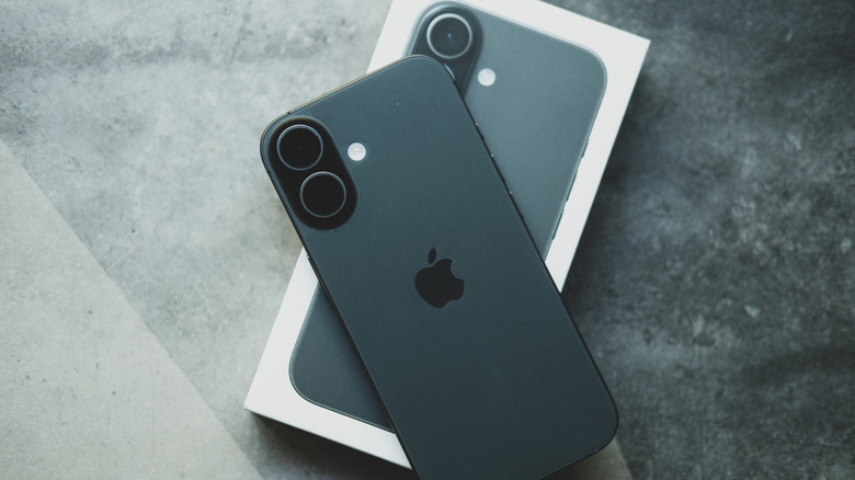 The standard iPhone 17 on top of its retail box.