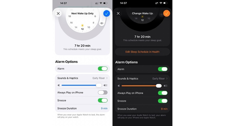 Screenshots showing the new Always Play on iPhone alarm setting in iOS 26.4: Health app (left) and Clock app (right)