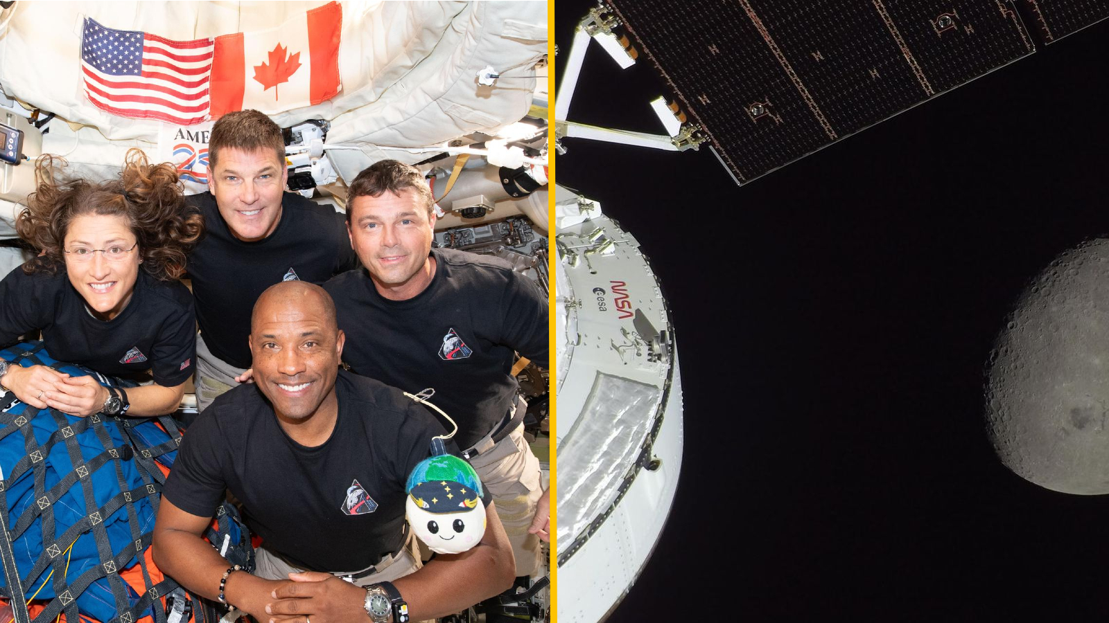 Side-by-side photos of the Artemis II crew (left) and the Orion capsule (right) during the Artemis II mission