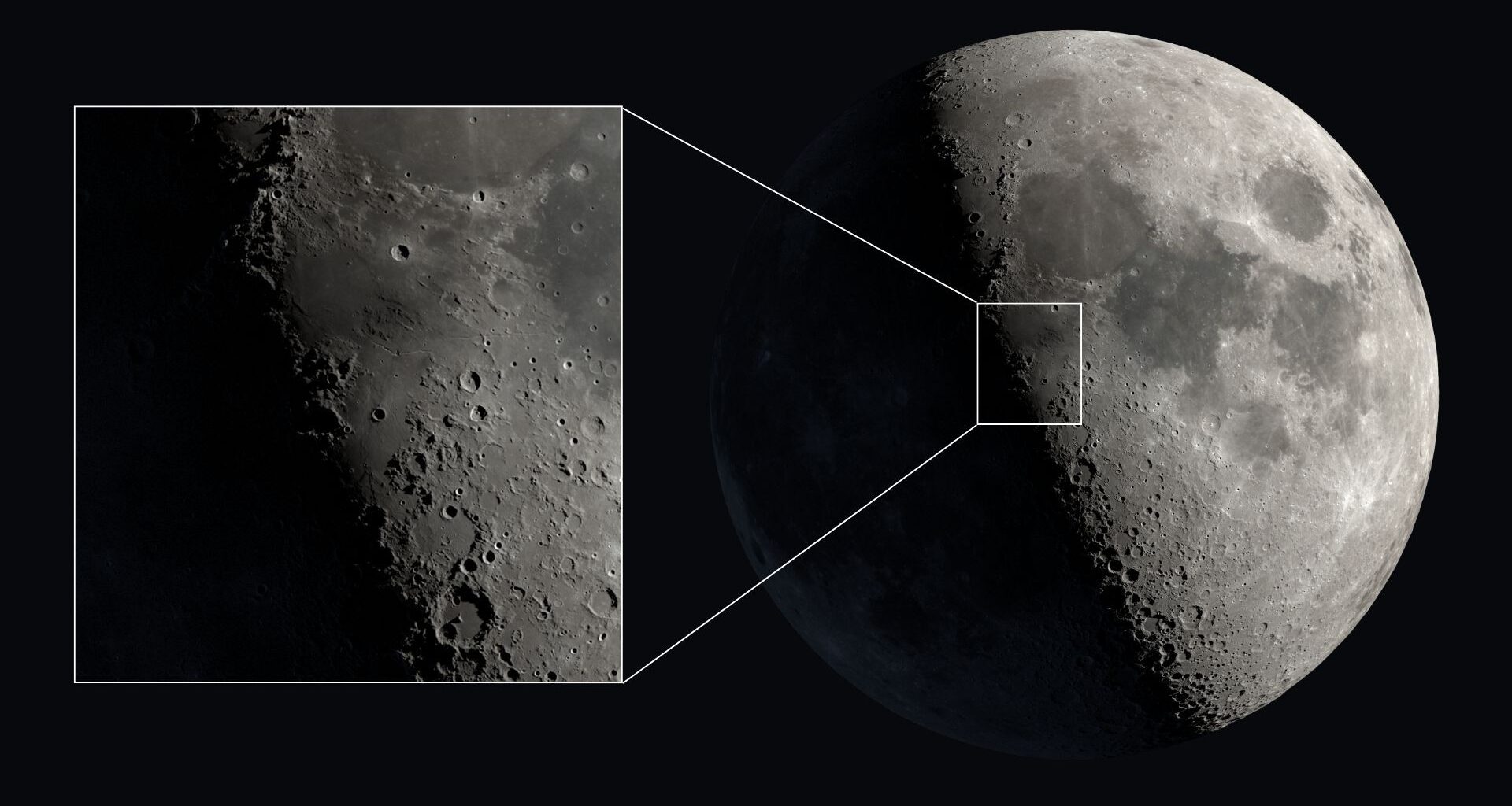 An image of the moon with its right side lit by sunlight against a black background. A zoomed-in shot of the lunar surface is shown to the left, revealing the location of the lunar "V" effect.