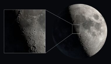 An image of the moon with its right side lit by sunlight against a black background. A zoomed-in shot of the lunar surface is shown to the left, revealing the location of the lunar "V" effect.