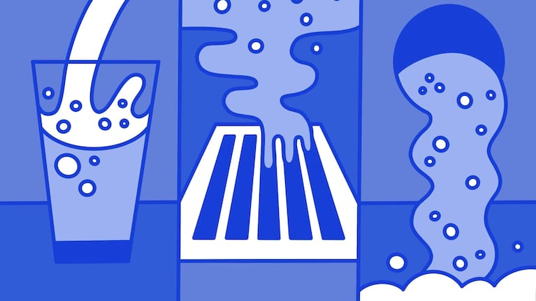 Illustration of glass of water, storm drain and waste water pipe.