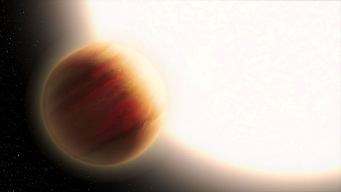 Artist's conception of a Jupiter-sized exoplanet orbiting close to a large star.