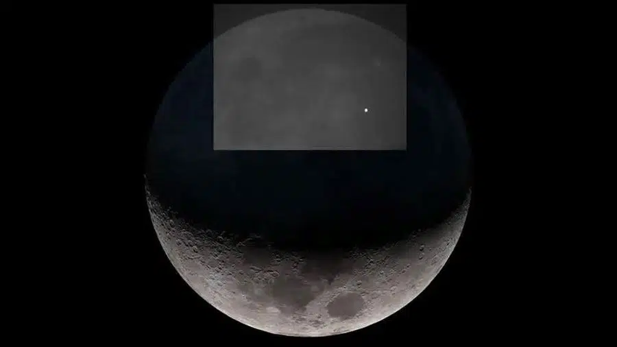 Lunar impact flash image shown superimposed on the Moon. Impact flashes are most easily seen in the shadowed portion of the Moon.
Credit: NASA