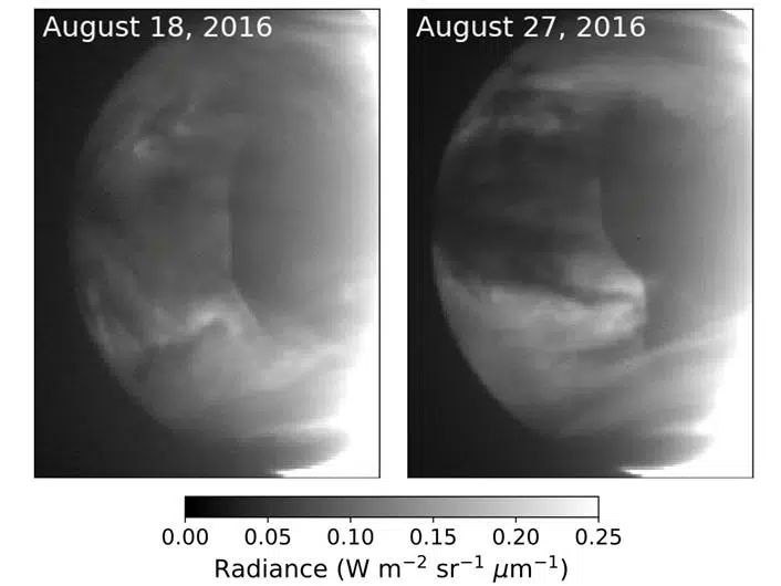 These images taken on Aug. 18 (left) and Aug. 27 (right), 2016, by the near-infrared camera on Japan's Akatsuki Venus probe, show the clear line of denser (darker) clouds moving across the planet. Credit: Journal of Geophysical Research: Planets (2026). DOI: 10.1029/2026je009672