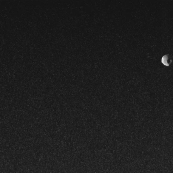 Juno captured this view of Thebe during a close flyby on May 1, 2026. Image credit: NASA / JPL-Caltech.