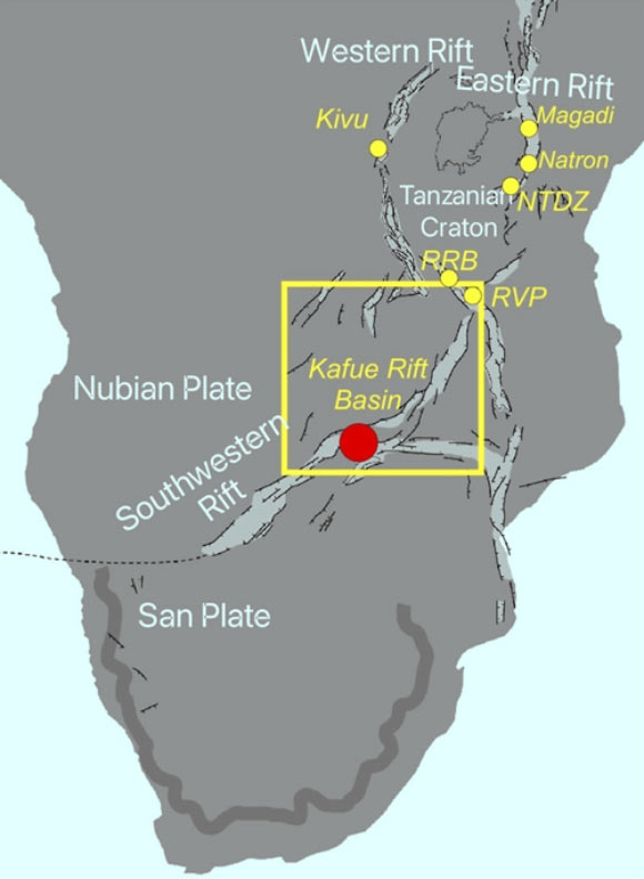 Location map of the extensional zone within the Central African Plateau of Zambia. The Kafue Rift is connected to the Luano and Luangwa rifts to the NE, and the Western branch of the EARS at the Rukwa rift (RRB) and Rungwe Volcanic Province (RVP). Image credit: Karolytė et al., doi: 10.3389/feart.2026.1799564.
