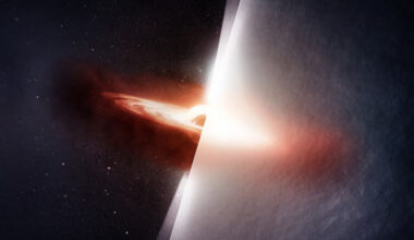 Radio signal from the quasar TXS 2005+403 travels roughly 10 billion light-years to reach Earth, traversing the Cygnus region, one of the most turbulent and scattering environments in the Milky Way Galaxy. On the left, this artist’s conception shows the quasar as it truly appears, with a bright accretion disk and jets blasting into the Galaxy like a beacon through the darkness. On the right, we see how turbulent gas distorts scientists’ view of the quasar in much the same way heat haze from a fire warps our view of the objects behind it. Image credit: Melissa Weiss / CfA.