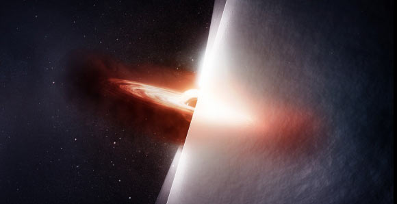 Radio signal from the quasar TXS 2005+403 travels roughly 10 billion light-years to reach Earth, traversing the Cygnus region, one of the most turbulent and scattering environments in the Milky Way Galaxy. On the left, this artist’s conception shows the quasar as it truly appears, with a bright accretion disk and jets blasting into the Galaxy like a beacon through the darkness. On the right, we see how turbulent gas distorts scientists’ view of the quasar in much the same way heat haze from a fire warps our view of the objects behind it. Image credit: Melissa Weiss / CfA.