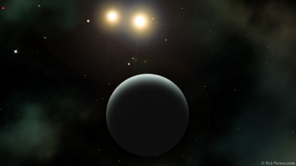 An artist’s impression of a circumbinary exoplanet and its two parent stars. Image credit: Sci.News.