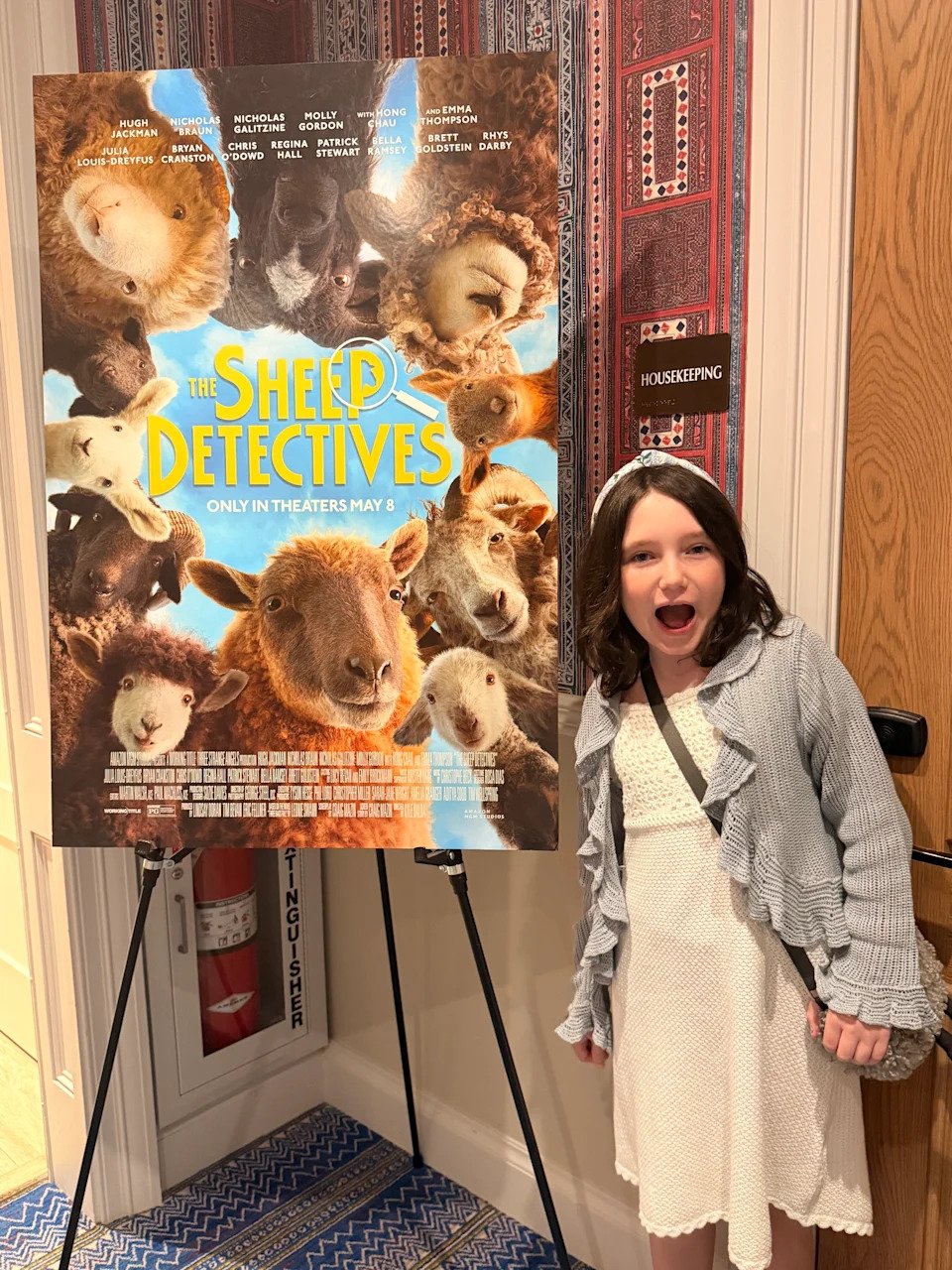 A child looking excited in front of a sheep detectives poster.