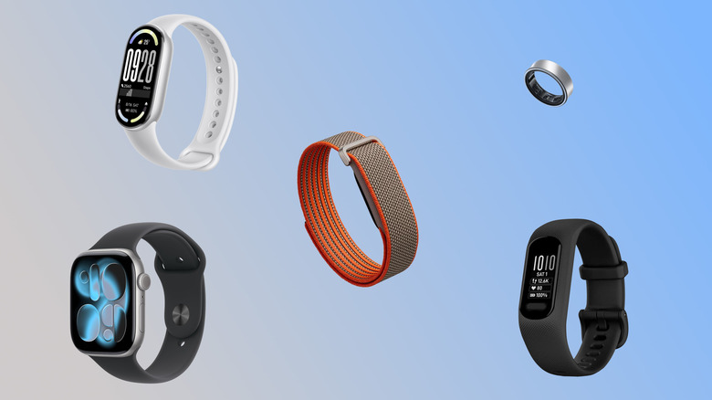Five fitness trackers overlaid against a blue-gray gradient