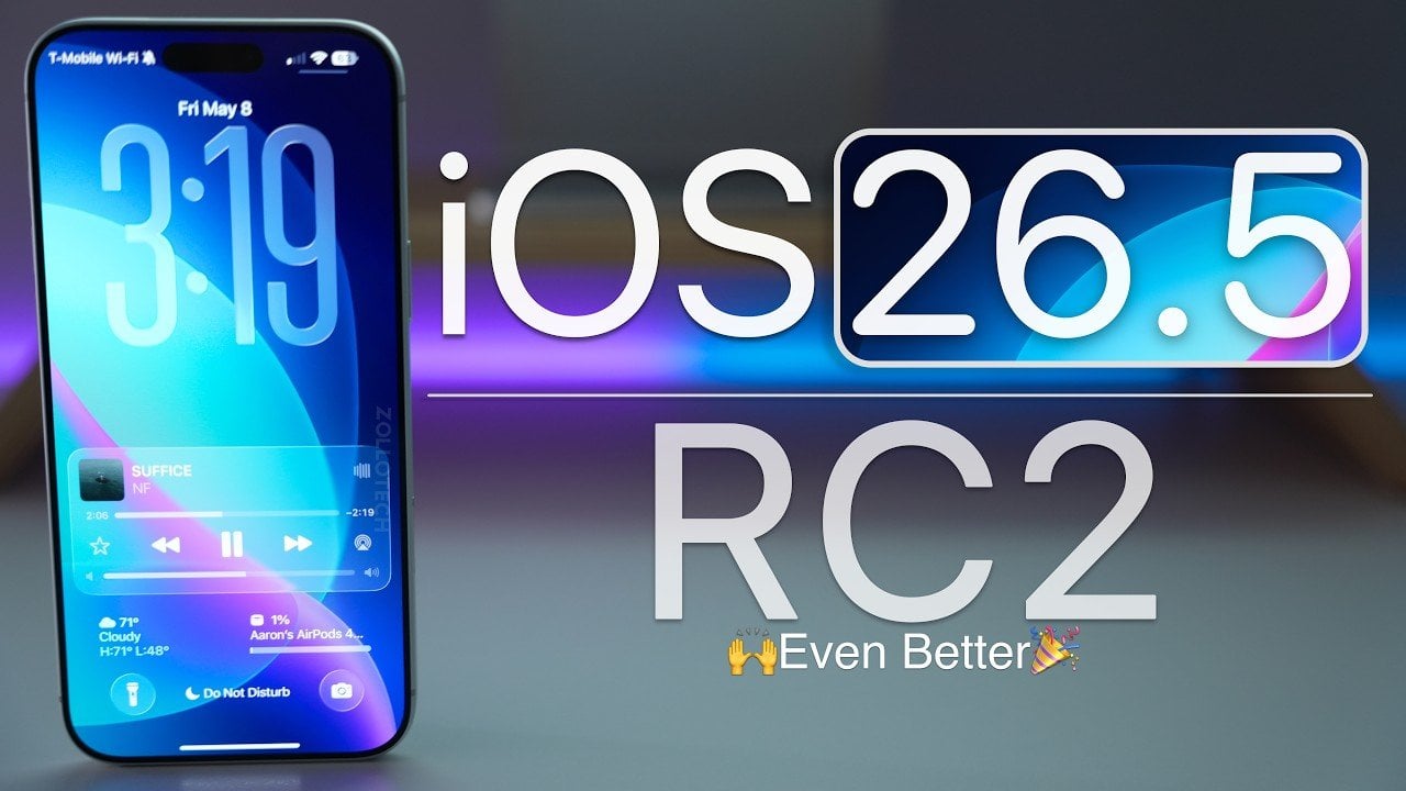 Apple iPhone displaying the iOS 26.5 RC2 software update screen