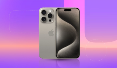 Front and back of the iPhone 15 Pro Max Titanium on a purple gradient background