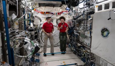 NASA astronauts Jack Hathaway and Jessica Meir, both Expedition 74 flight engineers, answer questions inside the International Space Station’s Kibo laboratory module during a live downlink event with Connecticut Public Radio. Hathaway is a native of South Windsor, Connecticut, while Meir is from Caribou, Maine.