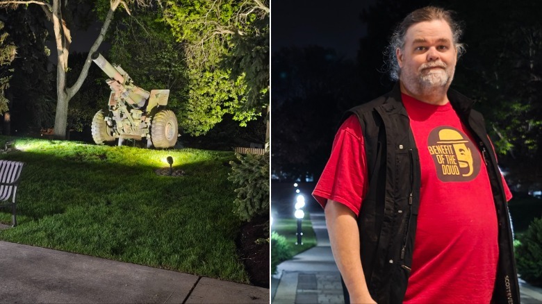 Photos of a cannon and a man in a red shirt