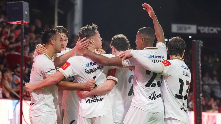 Jake Girdwood-Reich of Auckland celebrates his goal with team mates during the Leg 2 of the A-League Men Elimination Final series between Adelaide United and Auckland FC at Coopers Stadium, on May 15, 2026, in Adelaide, Australia.