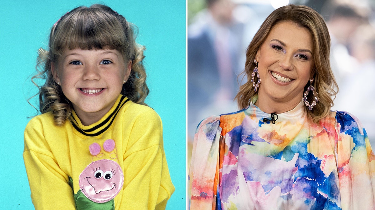 Jodie Sweetin smiling wearing a yellow blouse in acting portraits and a colorful dress with purple earrings on a talk show