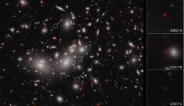 An image from NIRCam on NASA&rsquo;s James Webb Space Telescope shows Little Red Dot Abell2744-QSO1, magnified and triply imaged by galaxy cluster Abell 2744 (Pandora&rsquo;s Cluster).