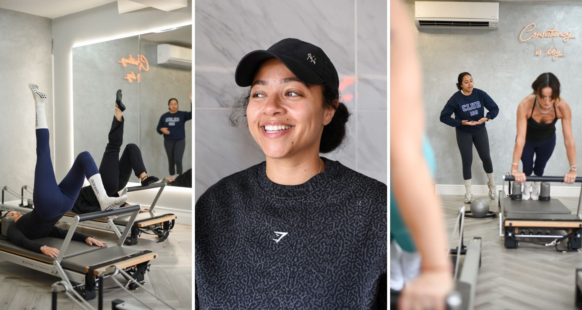 Three images side by side, with a portrait of a woman wearing a cap and smiling in the middle, with images from Pilates reformer classes either side