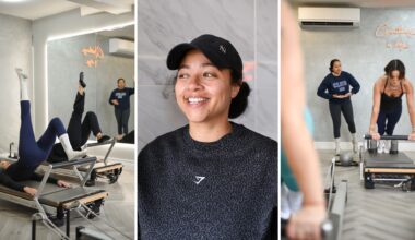 Three images side by side, with a portrait of a woman wearing a cap and smiling in the middle, with images from Pilates reformer classes either side
