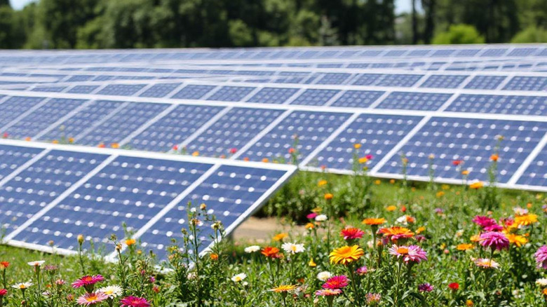 Solar farm in a field with native flowering plants