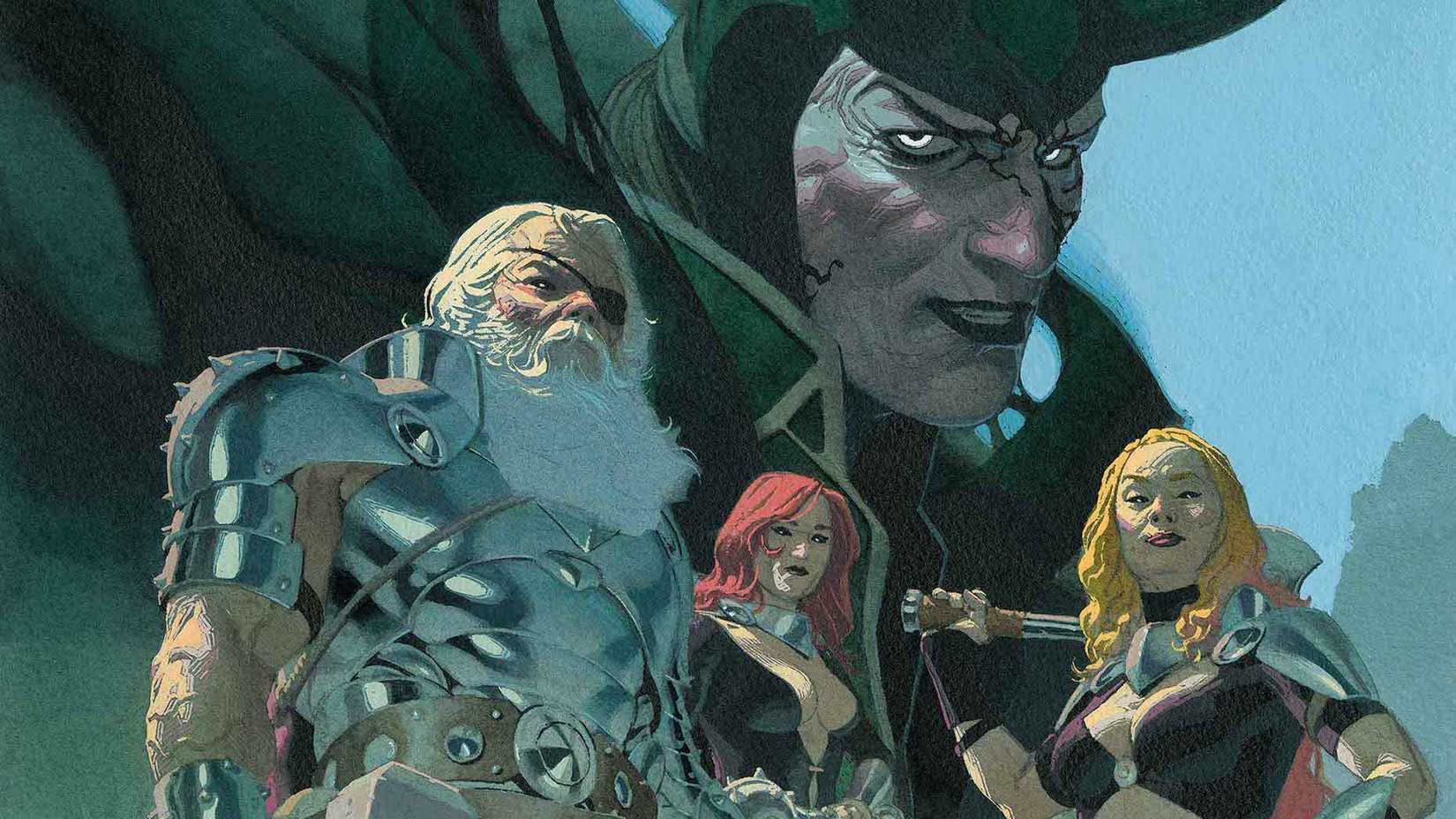 All-Father Thor, two of his granddaughters, the goddesses of thunder, and Loki, on the cover of King Thor #1, Marvel Comics (2019).