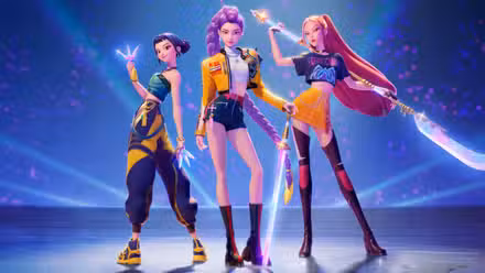 Rumi (Arden Cho), Mira (May Hong), and Zoey (Ji-young Yoo) posing in KPop Demon Hunters.