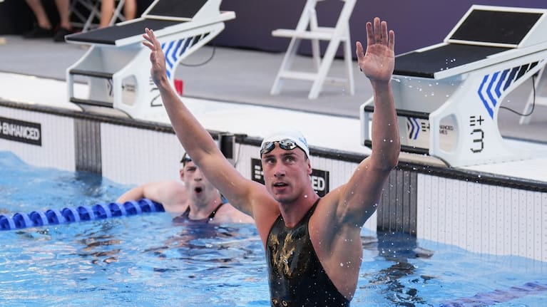 Kristian Gkolomeev, of Greece, celebrates after winning the men's 100-meter freestyle final at the Enhanced Games in Las Vegas.