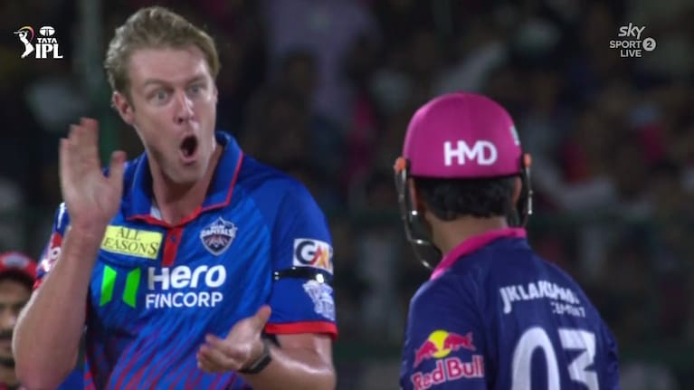 Kyle Jamieson celebrates taking the wicket Vaibhav Sooryavanshi on Saturday.