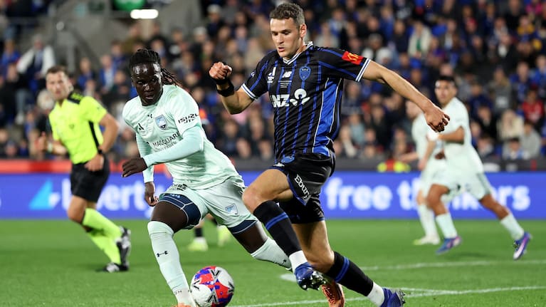 Louis Verstraete of Auckland FC and Akol Akon of Sydney FC compete for the ball during the A-League Men Grand Final match between Auckland FC and Sydney FC at Go Media Stadium, on May 23, 2026, in Auckland, New Zealand.
