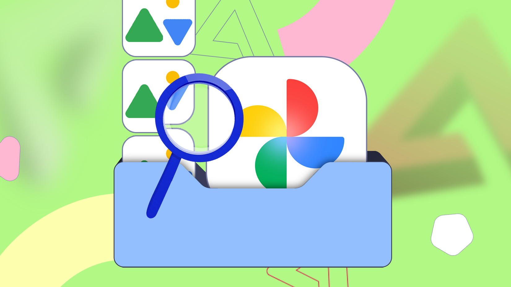 Magnifying glass inspecting a blue folder containing the Google Photos icon