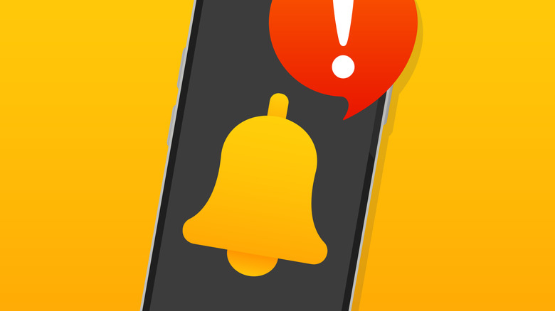 a bell on a phone screen cartoon showing a red exclamation mark bubble and white icon