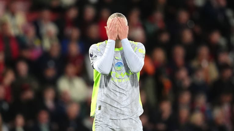 Manchester City's Erling Haaland reacts after missed change during the English Premier League soccer match between AFC Bournemouth and Manchester City in Bournemouth, England, May 19, 2026. 