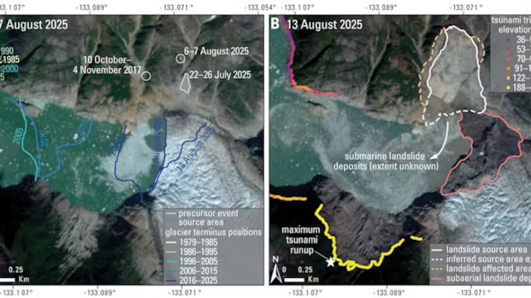 Maps show how the glacier has retreated over the years, moving past the section of mountain that collapsed (outlined in white on the right) in the days prior to the slide. The map on the right shows the height the tsunami reached on the fjord walls.