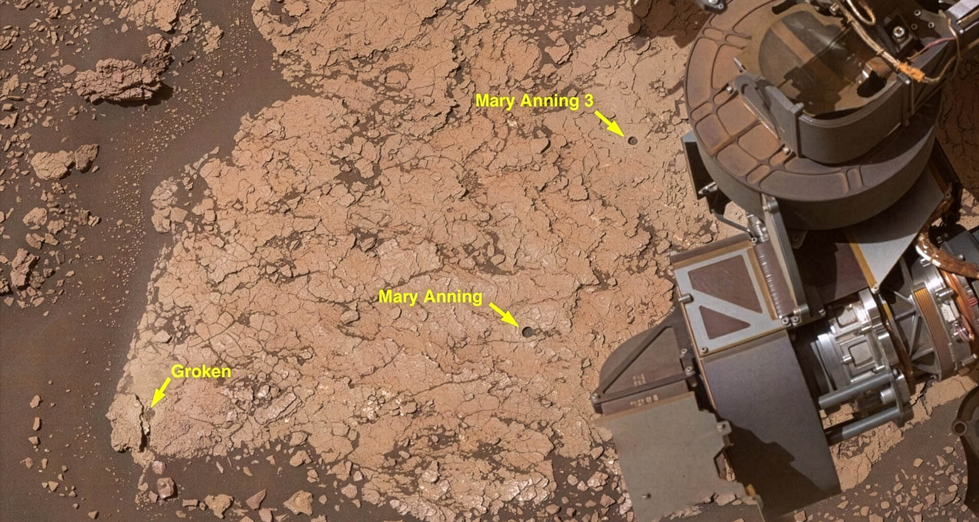 NASA’s Curiosity Mars rover took this selfie on Oct. 25, 2020, after drilling a rock sample from a spot nicknamed “Mary Anning.” After years of extensive analysis, the sample has revealed the greatest diversity of organic molecules ever found on Mars. Credit: NASA/JPL