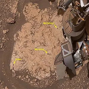 This is an annotated close-up of three holes NASA’s Curiosity drilled into Martian rock at a location nicknamed “Mary Anning” in October 2020. The sample where the rover found a diverse number of organic molecules came from “Mary Anning 3.” (A nearby spot nicknamed “Mary Anning 2” went unused.) Credit: NASA/JPL-Caltech/MSSS