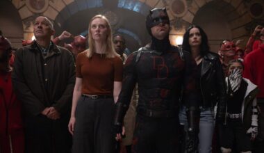 Cherry, Karen Page, Brett Mahoney, Matt Murdock/Daredevil, Jessica Jones and Angela Del Toro look upword at balcony in Daredevil Born Again.