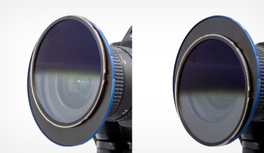 Close-up of a camera with a large circular lens filter attached, shown from two angles to display the filter’s design and fit over the camera lens. The filter has a dark, slightly reflective surface with a blue edge.