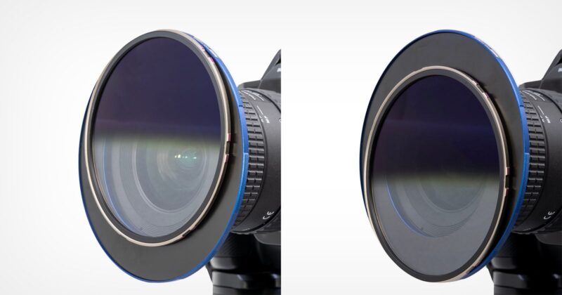 Close-up of a camera with a large circular lens filter attached, shown from two angles to display the filter’s design and fit over the camera lens. The filter has a dark, slightly reflective surface with a blue edge.