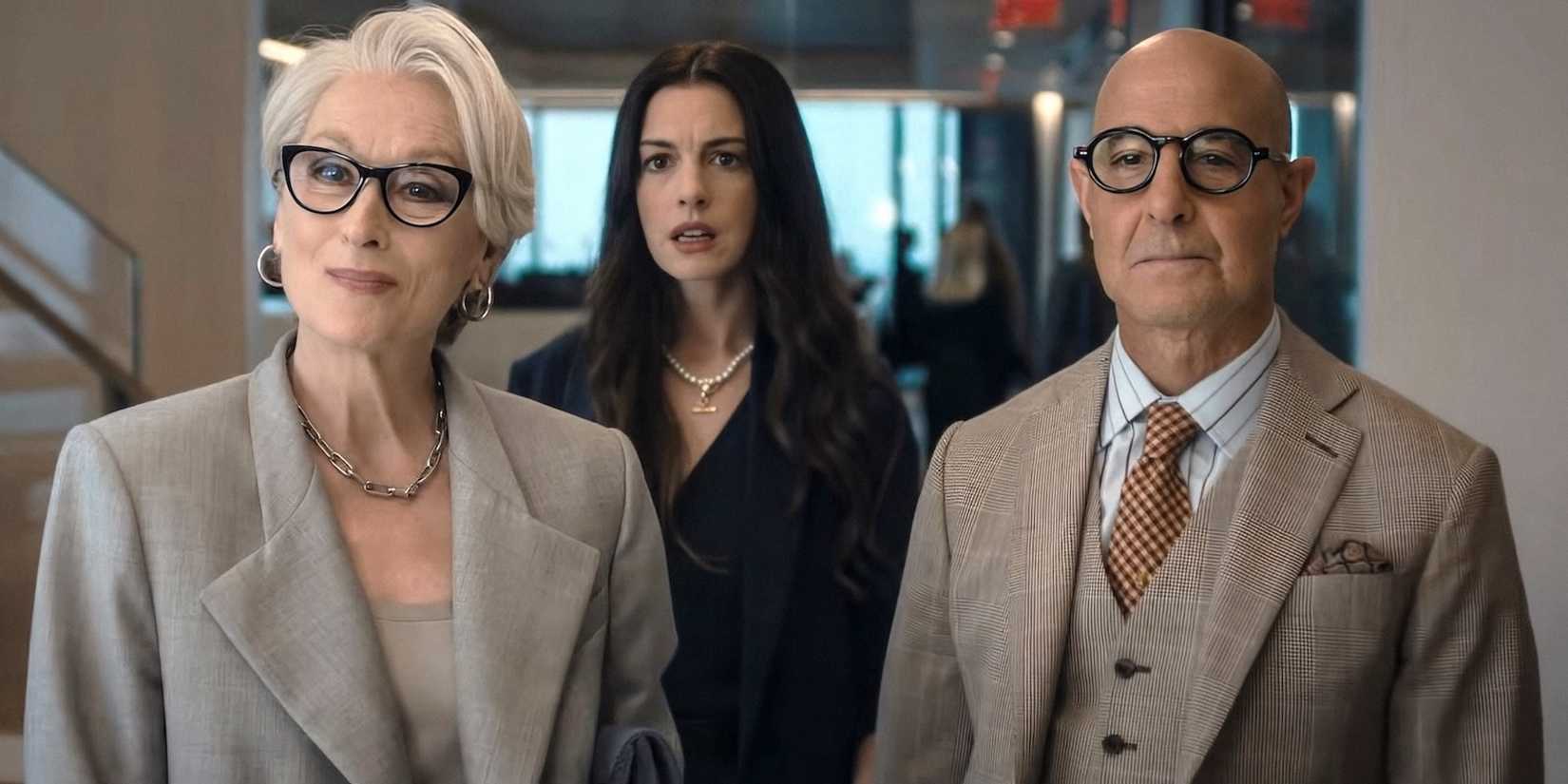 Meryl Streep, Anne Hathaway, and Stanley Tucci looking forward in The Devil Wears Prada 2.