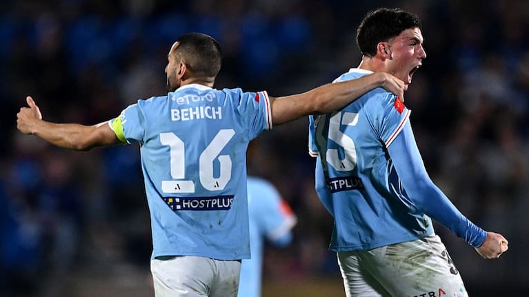 Medin Memeti of Melbourne City FC celebrates after scoring a goal during the A-League Men Elimination Final match between Auckland FC and Melbourne City at Go Media Stadium.