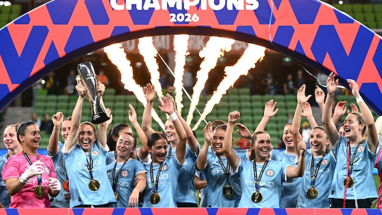Melbourne City players celebrate winning the A-League Women Grand Final match between Melbourne City and Wellington Phoenix at in Melbourne, Saturday, May 16, 2026. 
