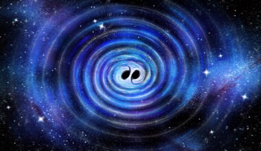 Illustration of two black holes about to merge. Credit: Maggie Chiang for Simons Foundation