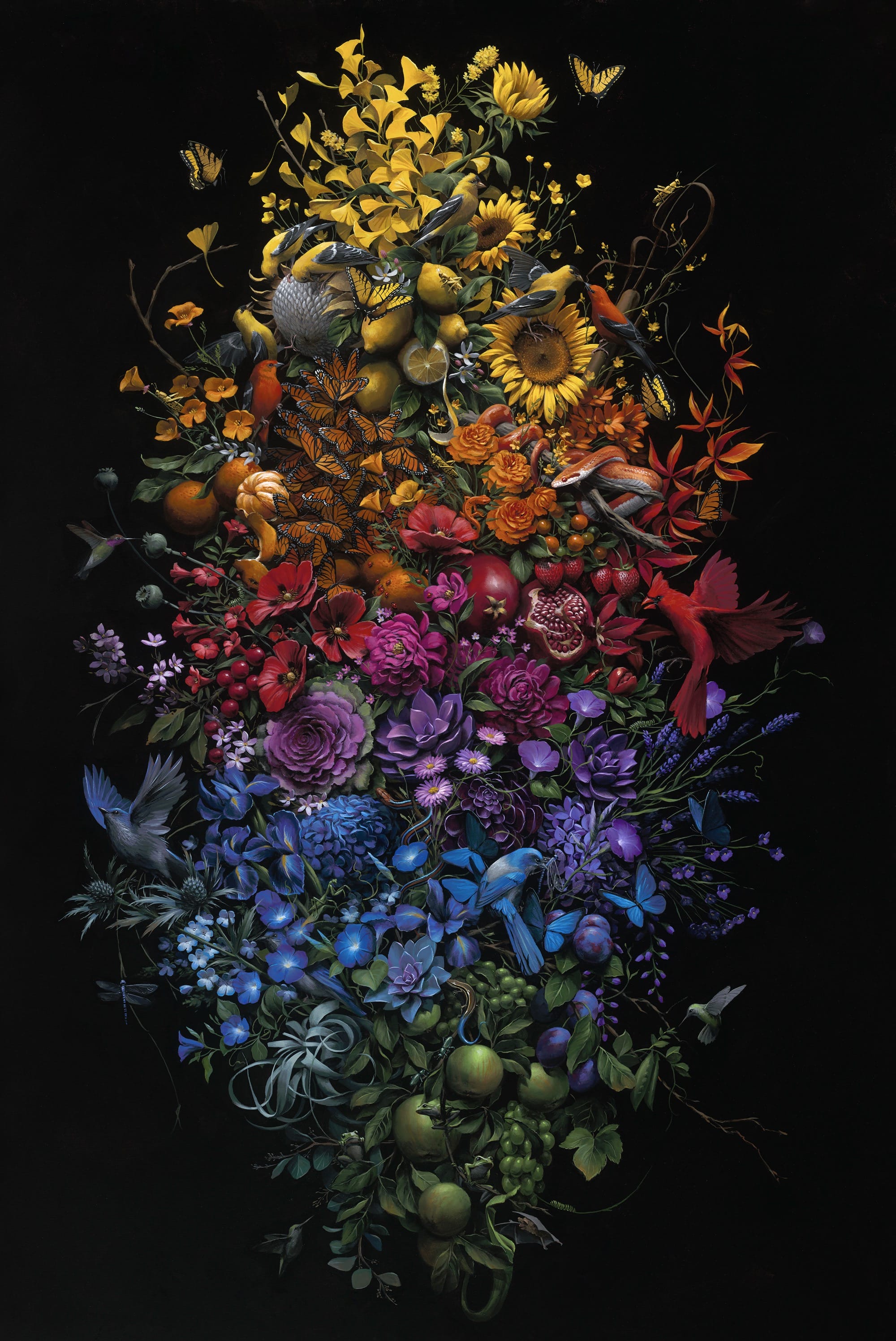 A hyperrealistic, detailed still life painting of florals with a prismatic color gradient