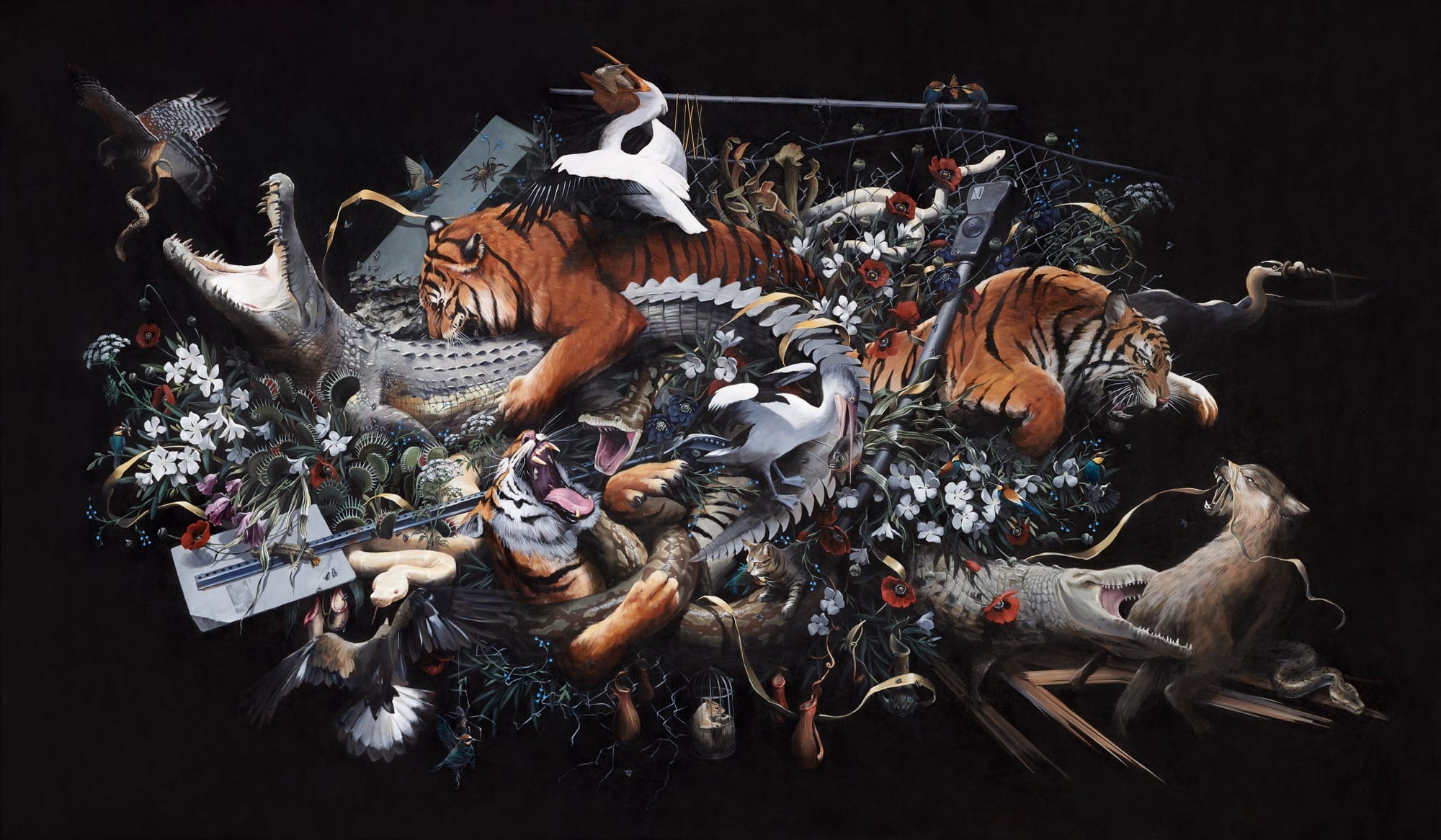 A highly detailed painting of a menagerie of wild animals and flora in a jumble against a black background