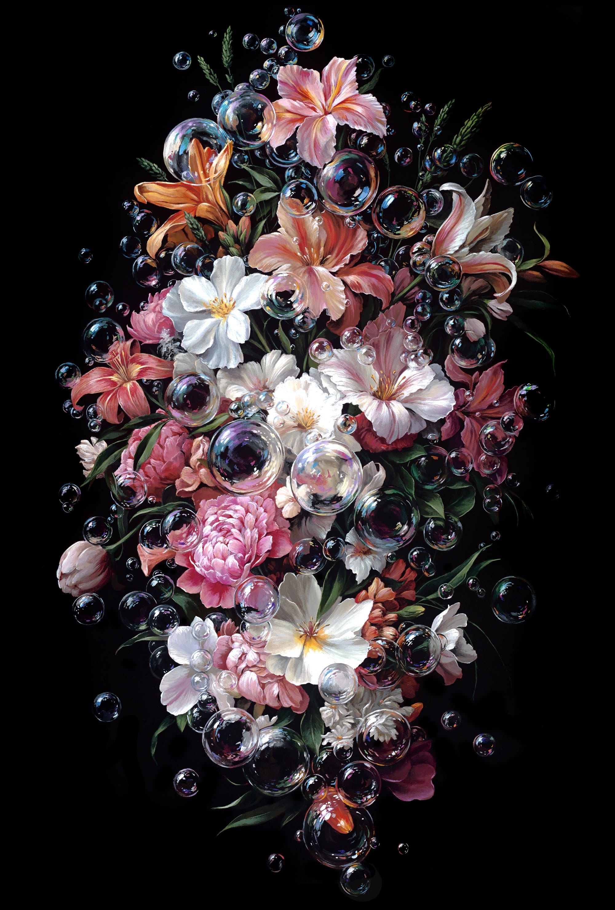 A hyperrealistic, detailed still life painting of florals and bubbles