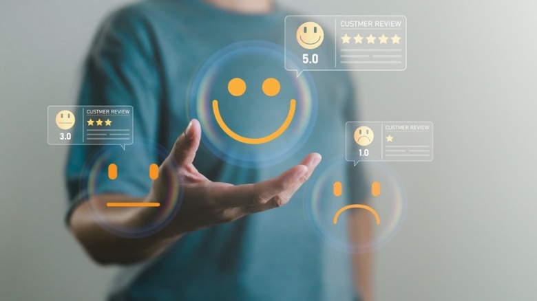 Holographic images of customer feedback and review boxes with different emojis.