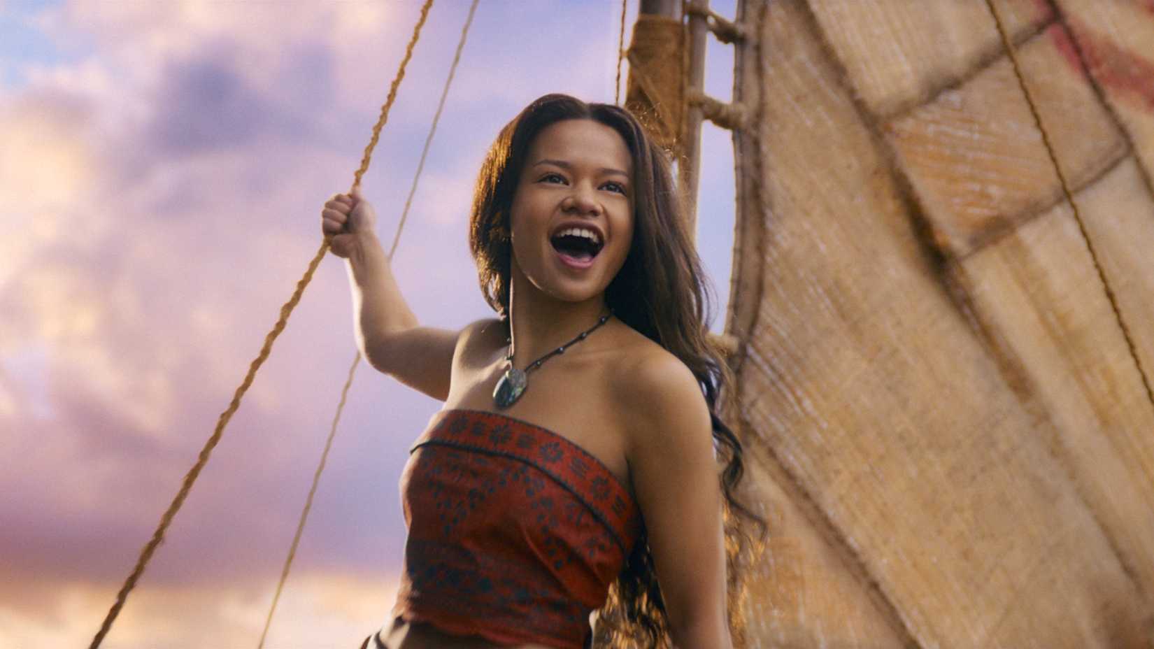 Catherine Laga'aia as Moana sings on her ship in the 2026 live-action Moana